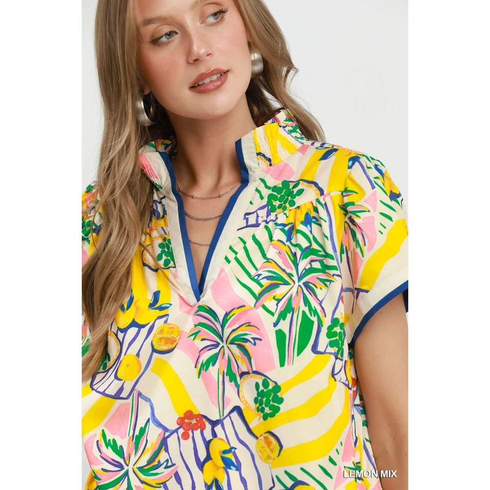Umgee Tropical Print Collared Shift Dress - Lemon Mix - Large - Picture 5 of 5